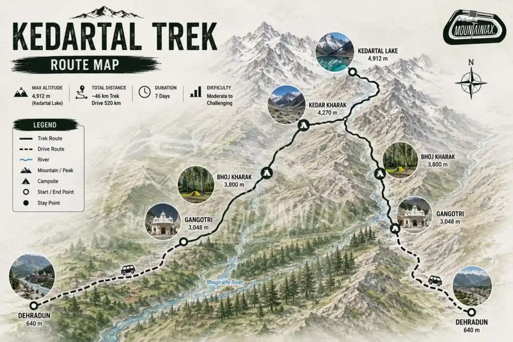 Detailed Kedartal Trek Route Map showing the complete day-by-day itinerary from Dehradun to Kedartal via Gangotri, Bhoj Kharak, Kedar Kharak, and Kedartal Lake, including trekking route, campsites, altitude markers, mountain peaks, and return trail through the Garhwal Himalayas, Uttarakhand.