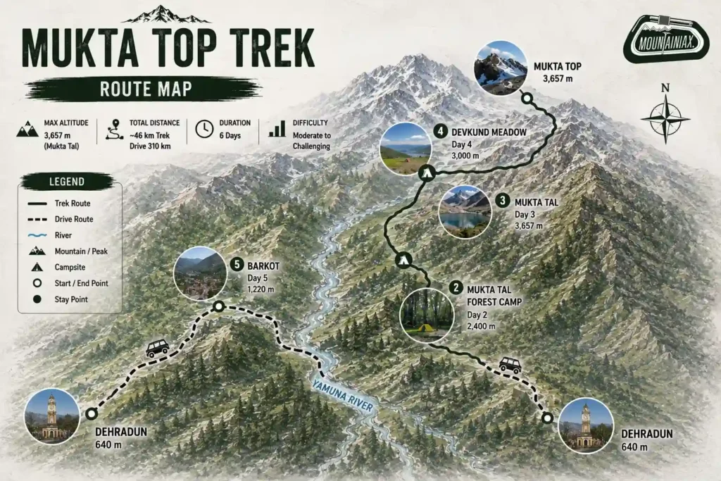 Detailed Mukta Top Trek route map showing the trekking trail from Sankri through scenic forests, meadows, and campsites to Mukta Top summit in Uttarakhand, with key landmarks and elevation points marked.