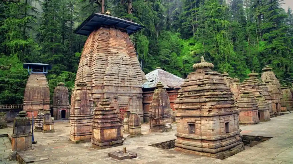 Ancient stone temples at Jageshwar Dham in Almora, Uttarakhand, surrounded by dense deodar forests and dedicated to Lord Shiva.